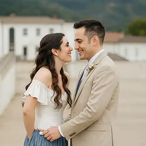 Pareja de novios felices por haber contratado servicios de músicos para bodas